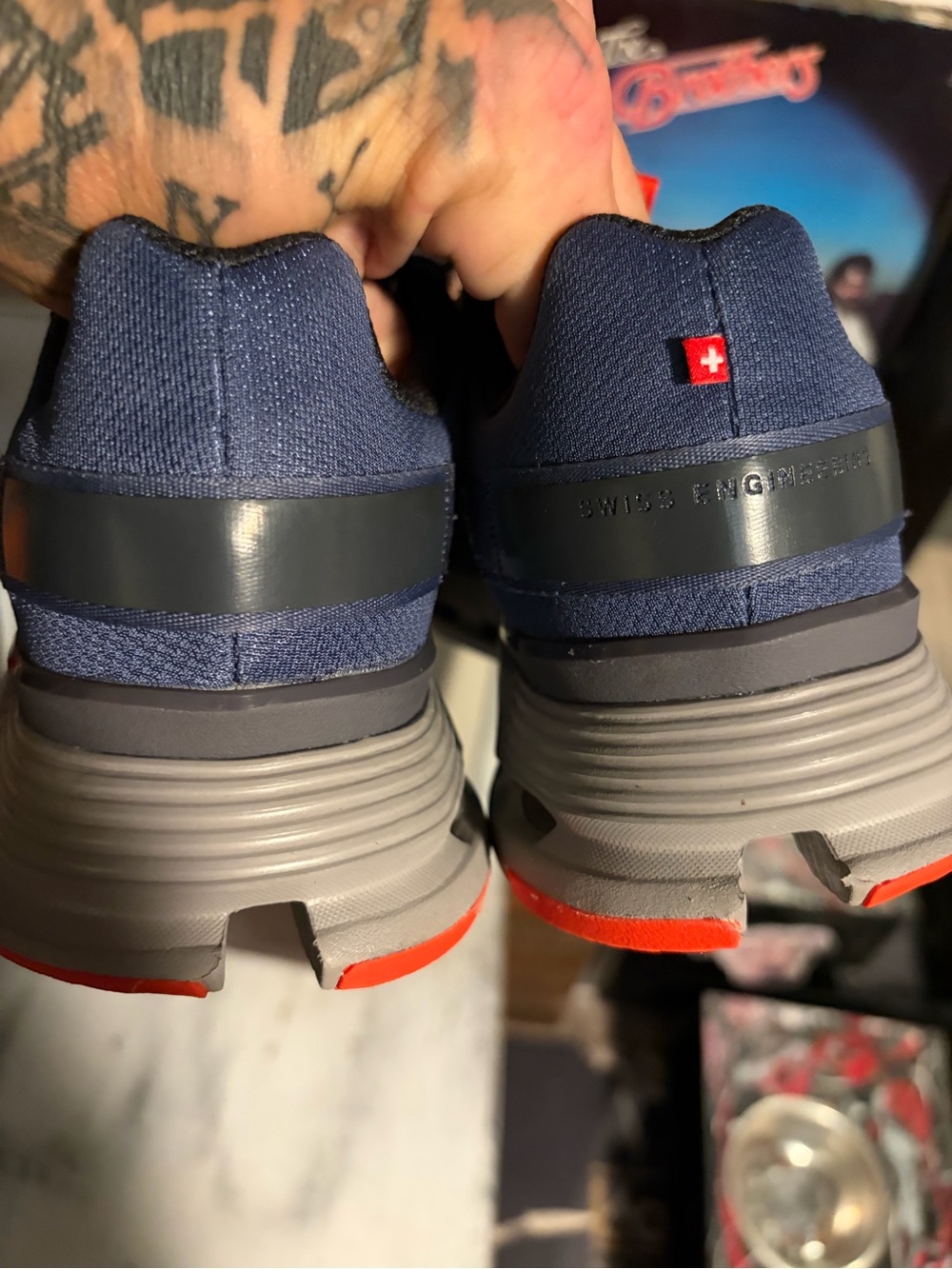 On Running Men’s Navy and Gray Athletic Shoes with Red Accent